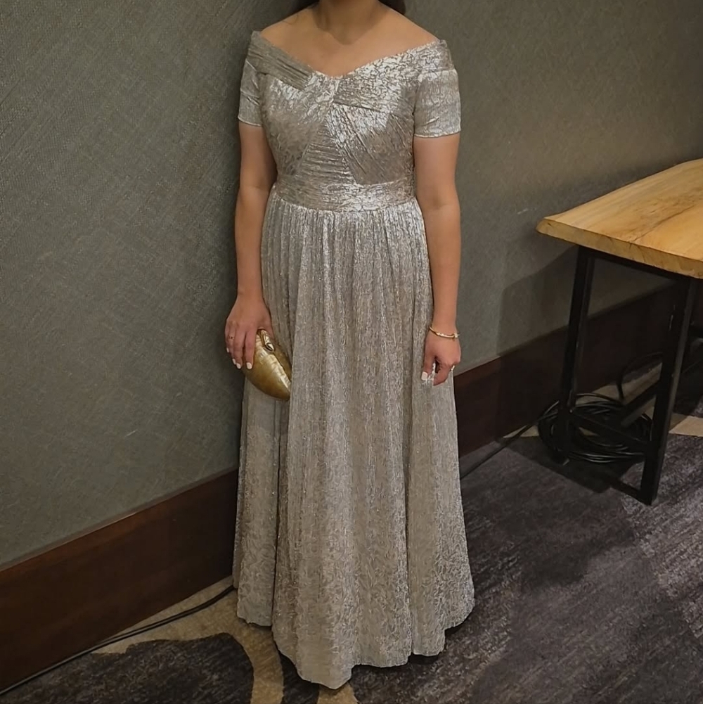 Aidan Mattox Silver Off-Shoulder Maxi Dress